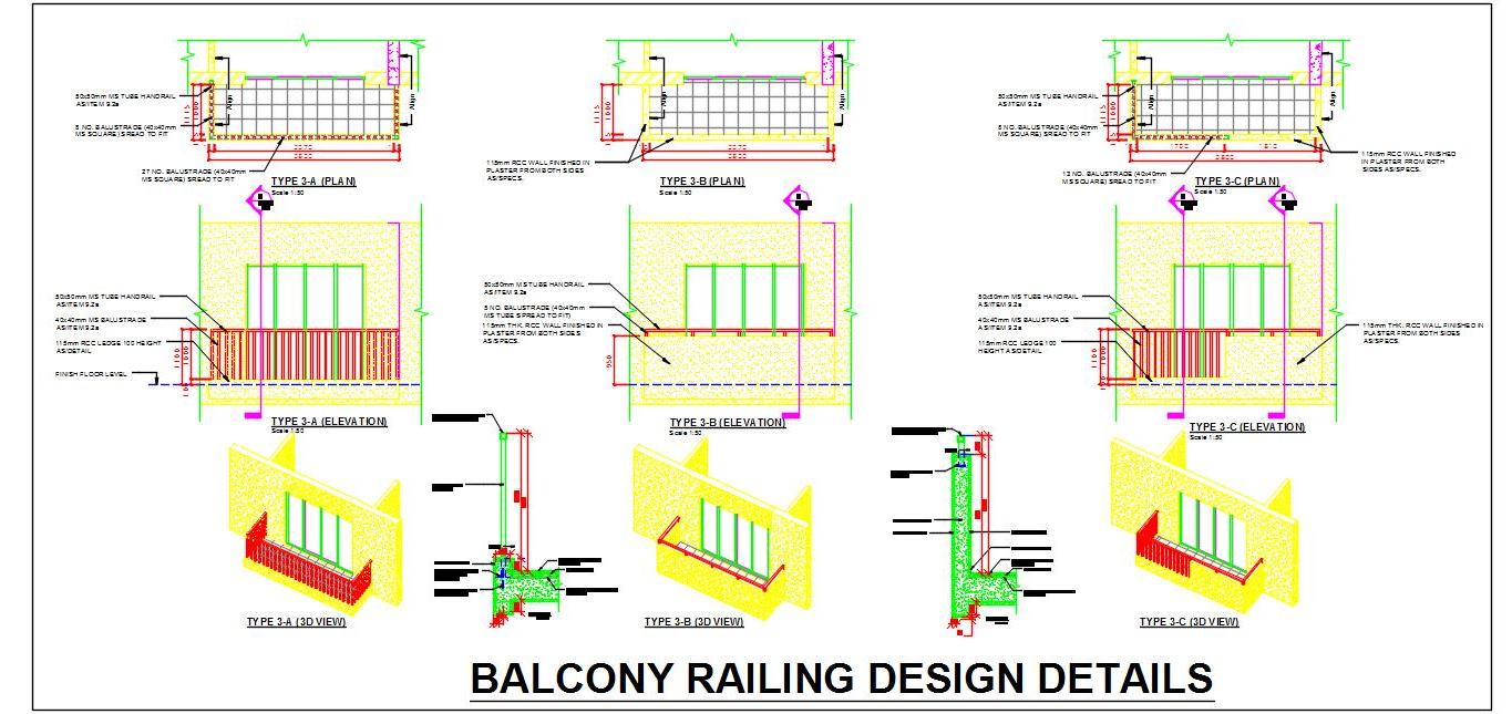 Balcony Railing Design DWG- MS & RCC Options